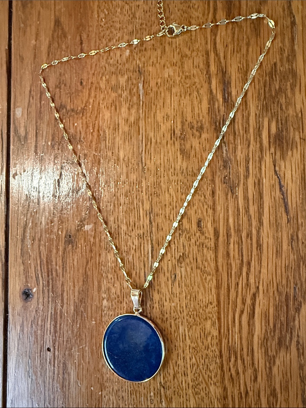 Gold Chain Necklace with Navy Blue Oval Lapis Pendant - Women Jewelry